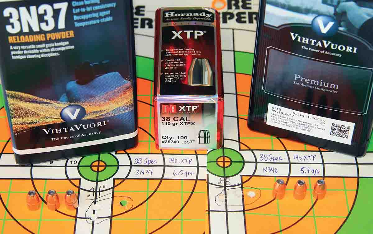 Hornady’s 140-grain XTP shot tightest from the 38 Special combined with 6.5 grains of Vihtavuori 3N37 (.91 inch at 910 fps) and 5.7 grains of Vihtavuori N340 (.88 inch at 937 fps).